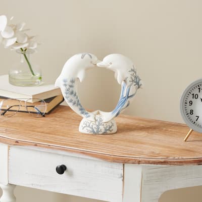 White Polystone Heart Shaped Dolphin Decorative Sculpture with Blue Coral Patterns