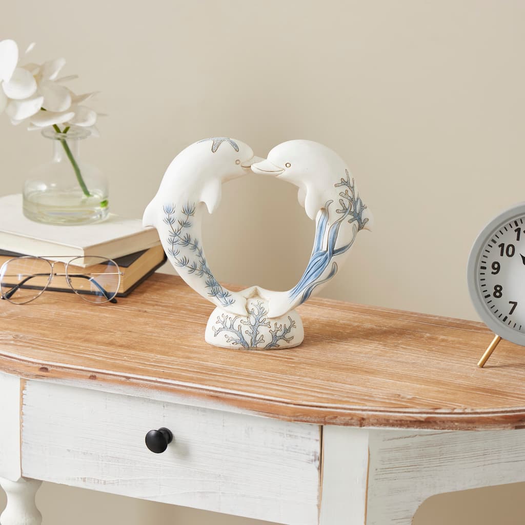 White Polystone Heart Shaped Ocean-inspired Decorative Sculpture with Blue Coral Patterns