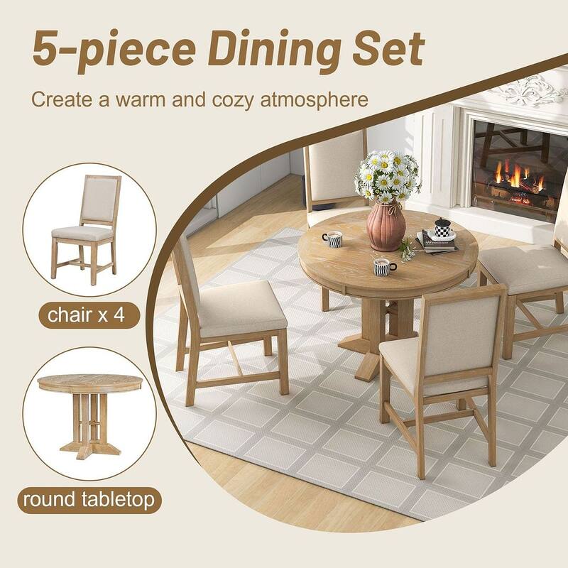 5 PCS Dining Set for 4 - Extendable Round Table with 4 Upholstered Chairs