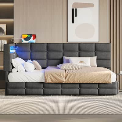 Upholstered Twin Size Daybed with Storage 2 Drawers and Charging Station