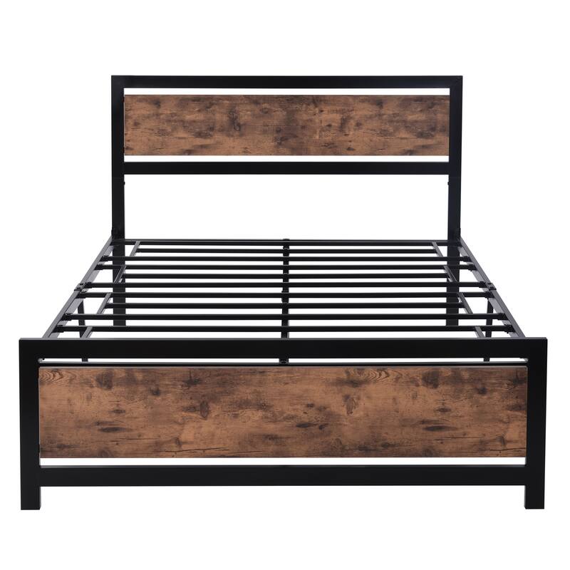Metal and Wood Platform Bed Frame with Headboard & Footboard