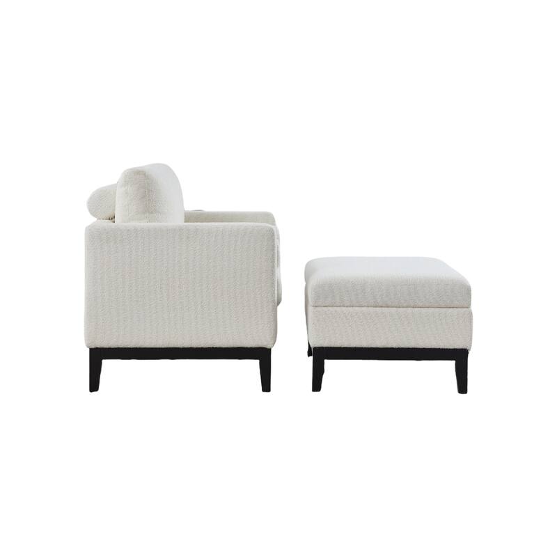 35" Farmhouse Style Boucle Single Sofa Accent Chair with Storage Footstool, Natural Wood Legs for Living Room, Office
