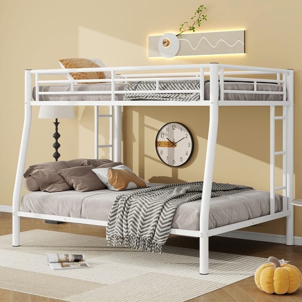 slide 2 of 10, Metal Bunk Bed with Ladder and Guardrails, Cozy Sleeping Space, Full XL over Queen, White White
