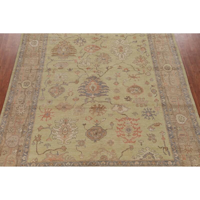 Hand Knotted Oriental 100% Wool Carpet Transitional All-Over Green Oushak Area Rug - 11' 11'' X 8' 10''