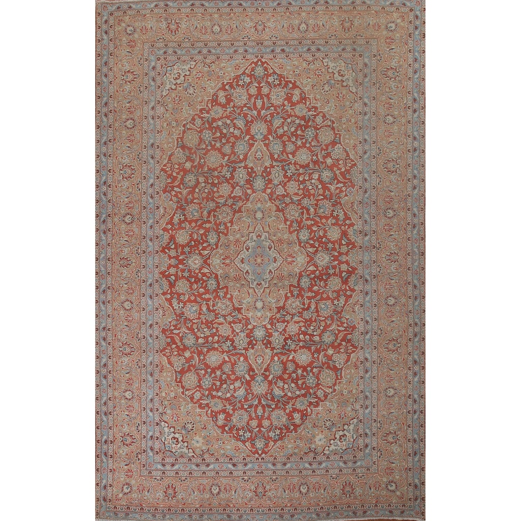 Traditional Kashan Persian Vintage Rug Handmade Floral Wool Carpet - 9'7" x 13'3"