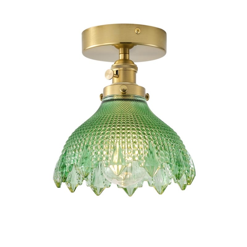 Vintage Green Glass 1-Light Semi Flush Mount Ceiling Light with Brass Finish