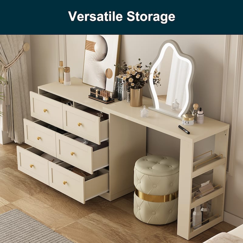 Extendable Makeup Vanity Desk with 6 Drawers