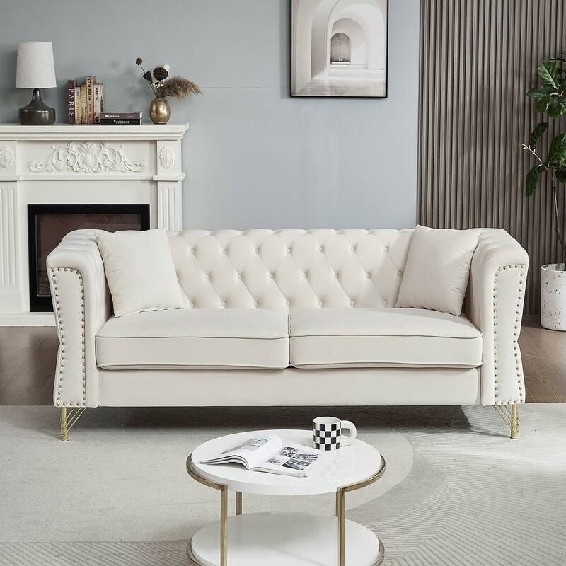 81.8'' Velvet 3-Seater Sofa with Nailhead Trim, 2 Pillows, and Metal Feet, Supported by a Solid Wood Frame