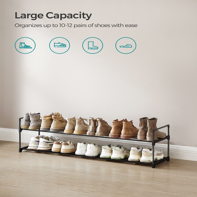 Space-Saving 2-Tier Shoe Organizer Rack, Black Metal Shelf for Closet Bedroom or Entryway Use - 11.8"D x 45.7"W x 13.4"H
