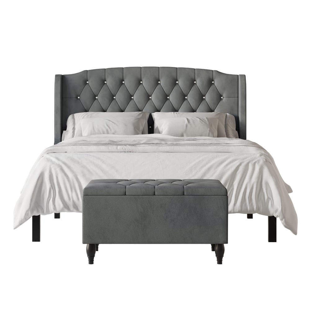 CraftPorch 2 Piece Bedroom Bench Set Velvet Wingback Upholstered Bed