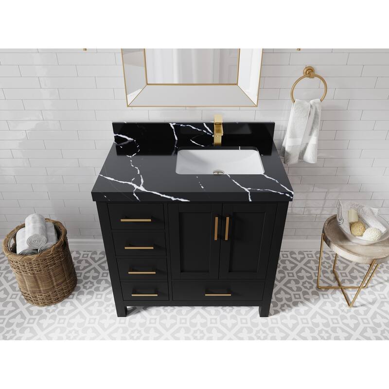 Willow Collections 36 in. W x 22 in. D Malibu Right Offset Sink Bathroom Vanity with Countertop - 2" Calacatta Black - Black