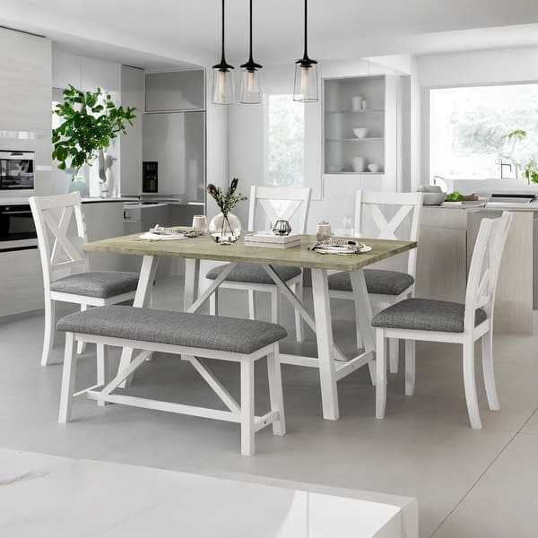 6 Piece Rustic Style Dining Wood Kitchen Table Set with Table, Bench ...