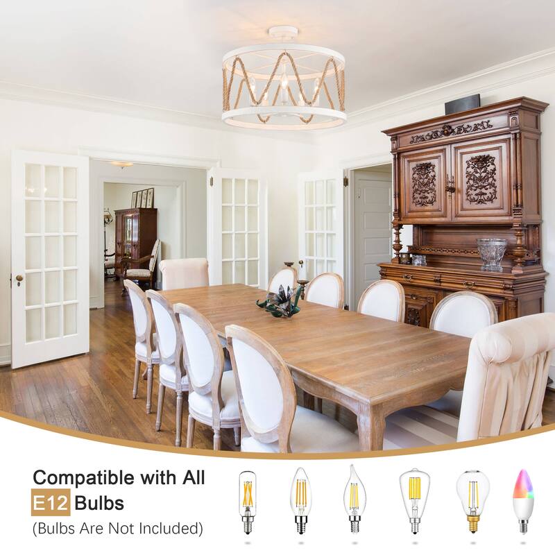 19.68 in. 5-Light Metal Hemp Rope Candlestick Semi-Flush Mount Light Ceiling Light for Kitchen Island