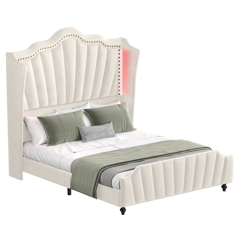 Moasis Queen Size Velvet Upholstered Platform Bed Frame with Wingback Headboard & LED Light