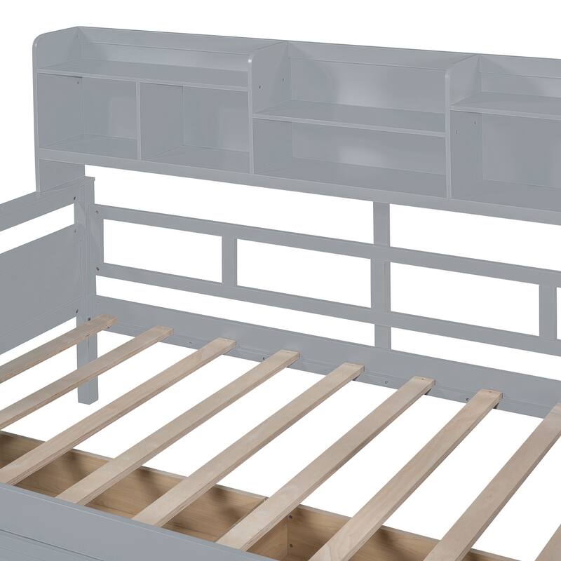 Twin Size Daybed with Wood Slat Support, Bedside Shelves, and 2 Storage Drawers
