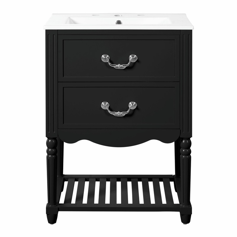 24'' Vintage Bathroom Vanity with Ceramic Sink, Freestanding Cabinet with 2 Drawers, Open Shelf