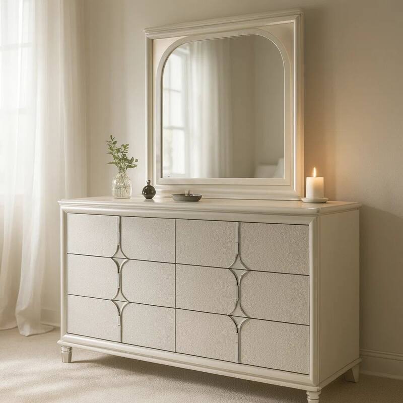 Ory Wide Dresser with LED Mirror, 6 Drawers, Pearl White Wood Frame