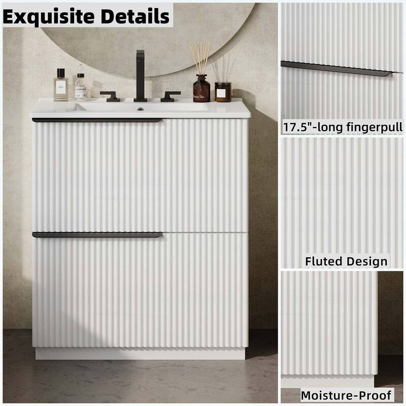 30 Inch Freestanding Bathroom Vanity with Ceramic Sink,Full-Extension Drawers,and Fluted Design
