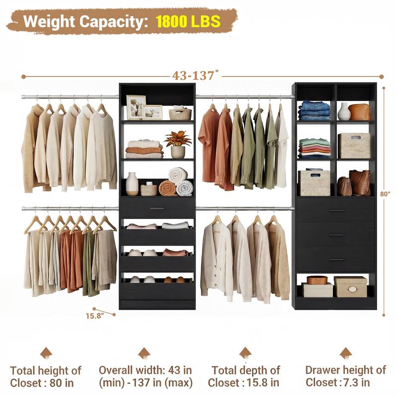 Set of 2 Closet System with 7 Wooden Drawers ＆ 4 Hanging Rods, Heavy Duty Walk-in Closet Organizer System with Shelves