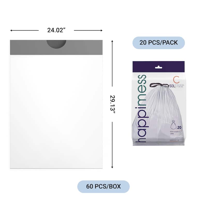 happimess 13.2-Gal (50L) Drawstring Trash Can Liner, (60-Count, 3-Packs)
