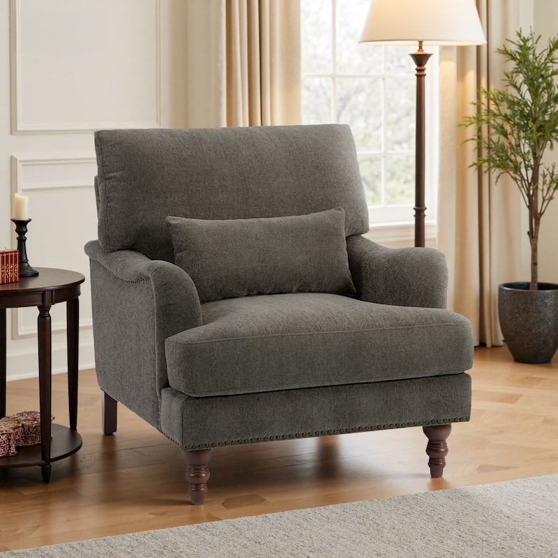 Mid Century Chenille Upholstered Accent Chair with Nailhead Trim - Tan