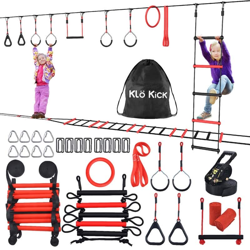 50ft Ninja Warrior Obstacle Course for Kids with Ladder Bridge & 8 Obstacles for Backyard Outdoor