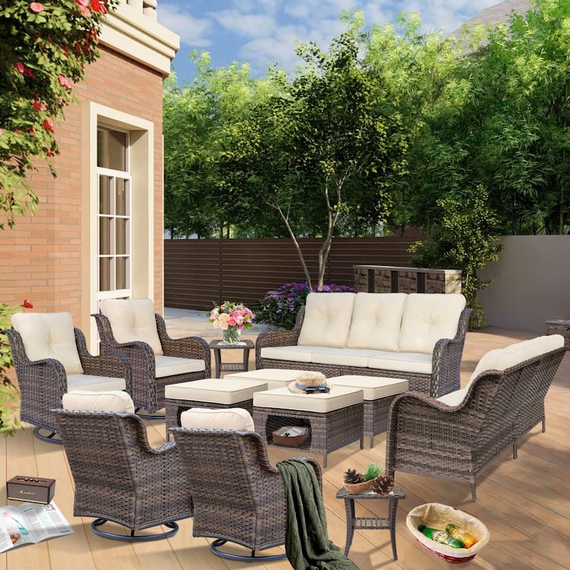 Wicker Patio Furniture Sets-Patio Conversation Sets with Swivel Chairs - 12 Piece - Cream/Brown Wicker