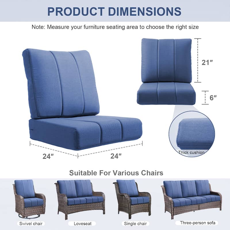 Gymojoy 24"x24"x6" Patio Thick Cushions & Pillows Set - Channel-Tufted Design Deep Seat Water & Fade Resistant Cushion Set