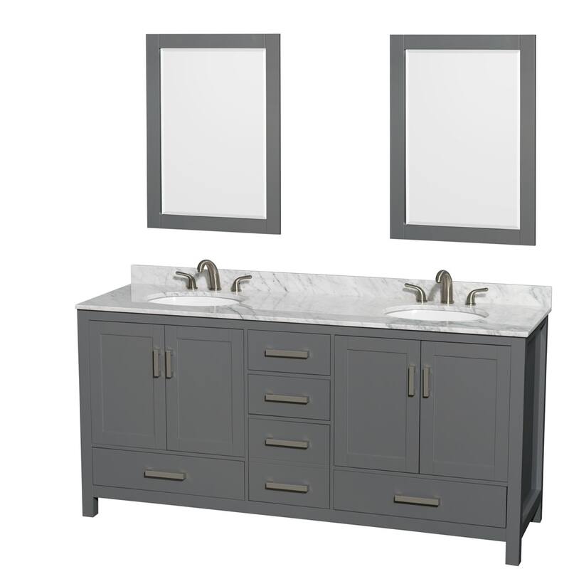 Wyndham Collection WCS141472DUNOM24 Sheffield 72" Free Standing Double - Dark Gray / White Carrara Marble Top / Brushed - Steel Finish