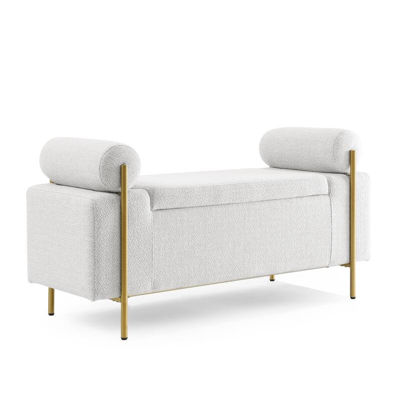 Elegant Upholstered Linen Storage Bench with Cylindrical Arms and Iron Legs White