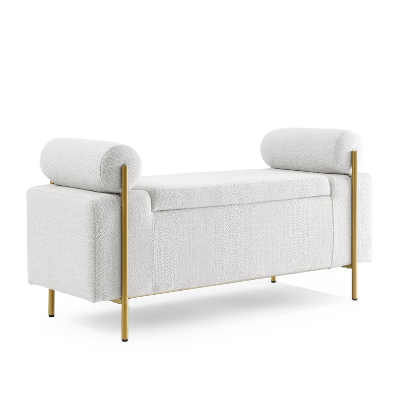 Linen Upholstered Storage Bench with Cylindrical Arms and Iron Legs
