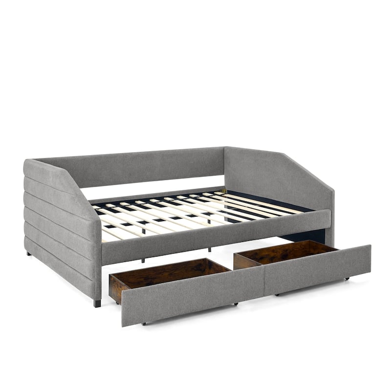 Linen Fabric Upholstered Daybed with Pull-Out Trundle or Storage Drawers, Tufted Sofa Bed Frame with Wood Slat Support