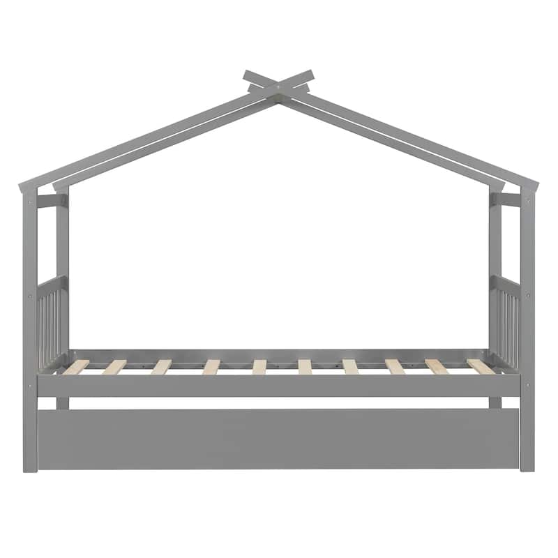 Roomfitters Twin Size Wooden House Bed with Trundle, Modern Playhouse Design with Guardrails