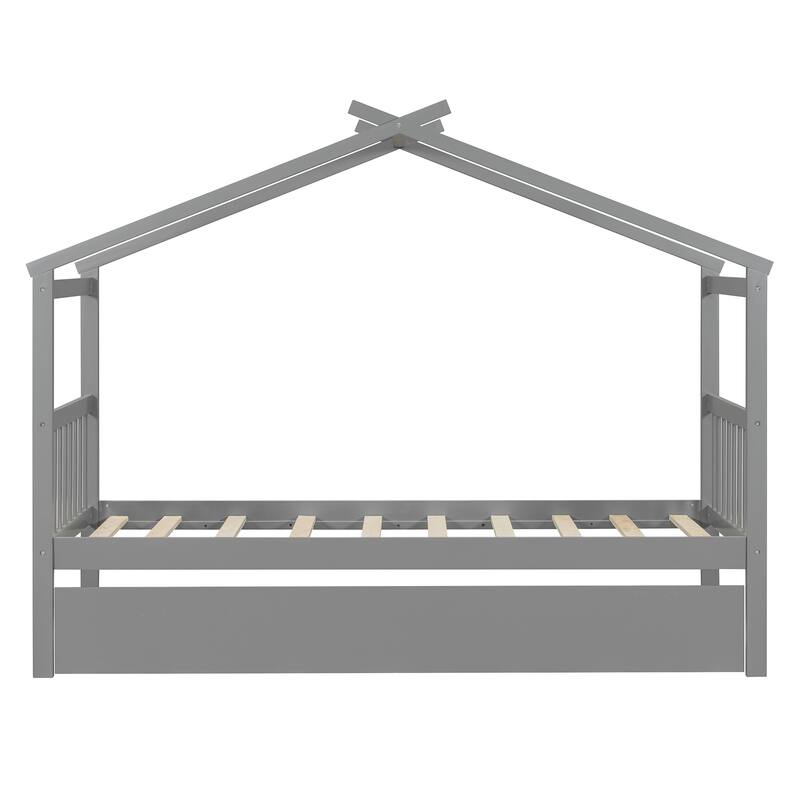 Solid Wood House Platform Bed Frame with Trundle Bed and Roof