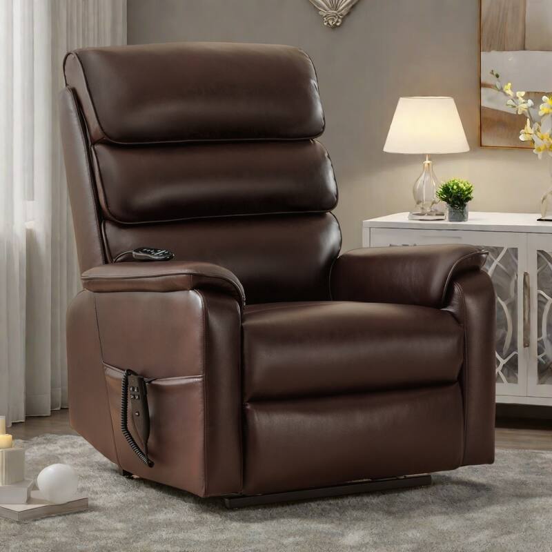Dual Motor Power Lift Recliner Chair with Massage and Heat - Cat-Proof Leather, Electric Recline, Remote Control - Brown