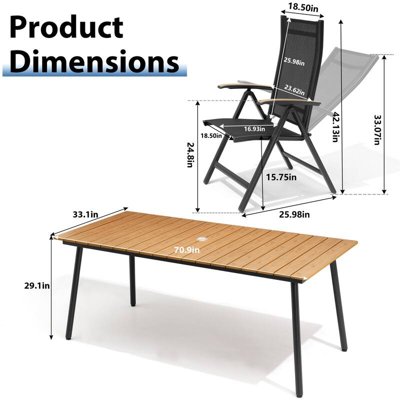 7-Piece Outdoor Patio Dining Set WPC Table Top Alumium Umbrella Hole Table with Folding Armrest Chairs