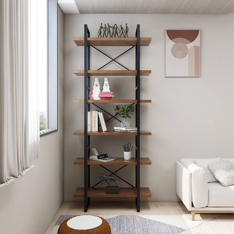 6-tier etagered walnut shelf bookcase with black metal frame - 35.43*12.5*85 inches - 35.43*12.5*85 inches - Walnut