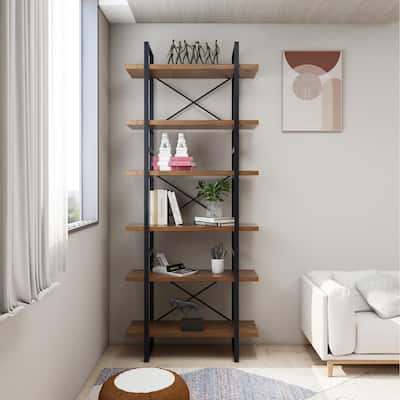 6-tier etagered walnut shelf bookcase with black metal frame - 35.43*12.5*85 inches