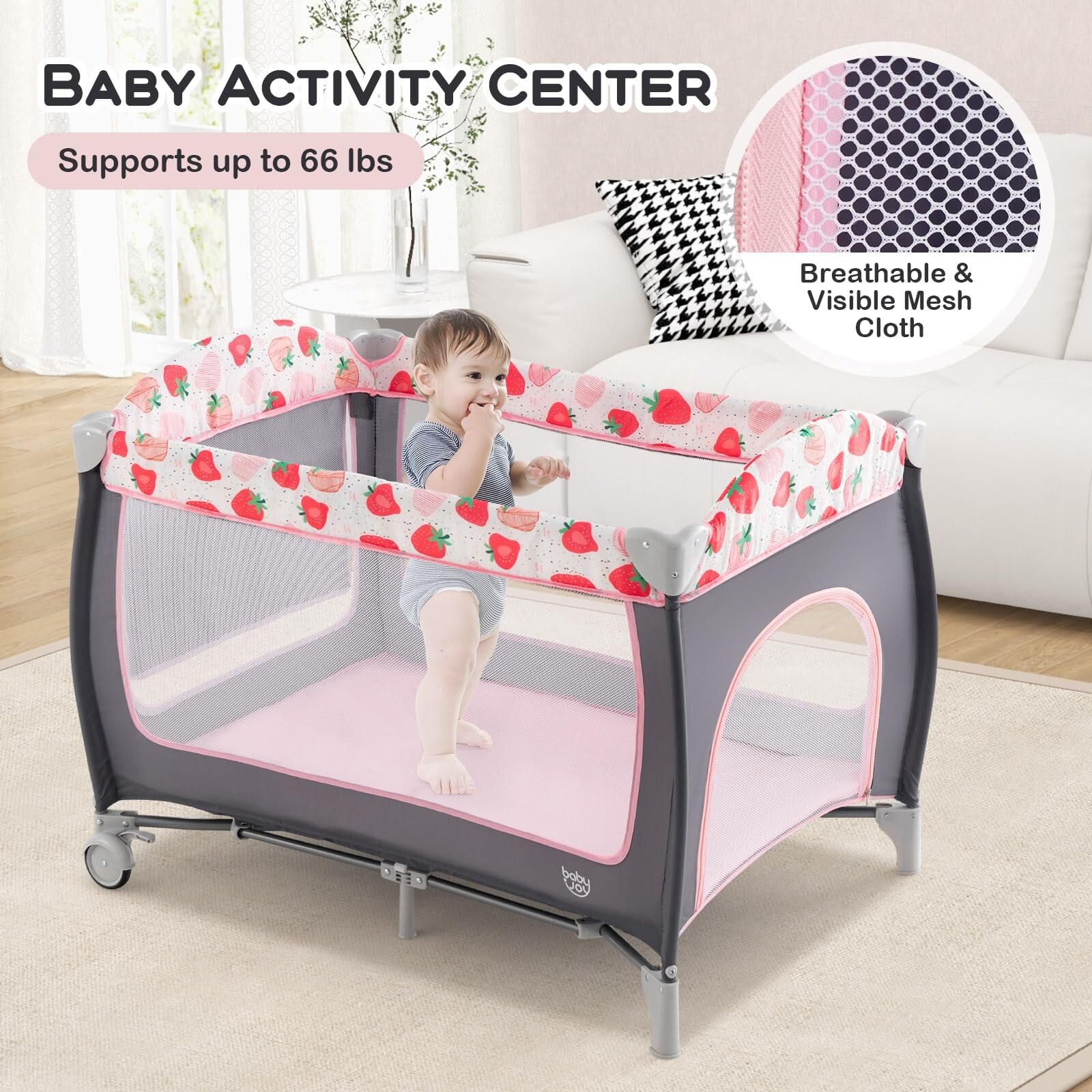 4 in 1 Pack and Play Portable Baby Playard with Bassinet Side Zipper Door Travel Nursery Center w Toy Bar Wheels Carry Bag Bed Bath Beyond 40621729