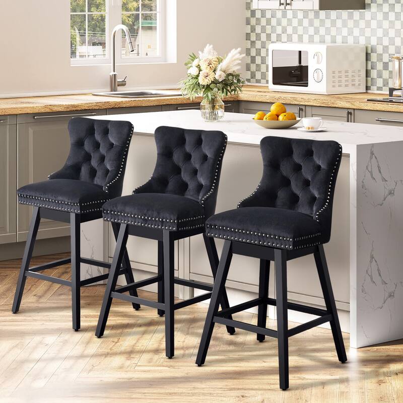 26"/29" Velvet Swivel Counter and Bar Height Stools (Set of 1/2/3/4) - Set of 3 - Black - Counter Height