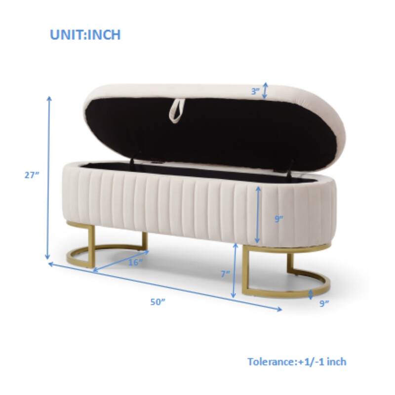Storage Bench Bedroom Bench, Velvet Oval Upholstered End of Bed Bench with Golden Metal Legs, 50"Modern Storage Ottoman Bench