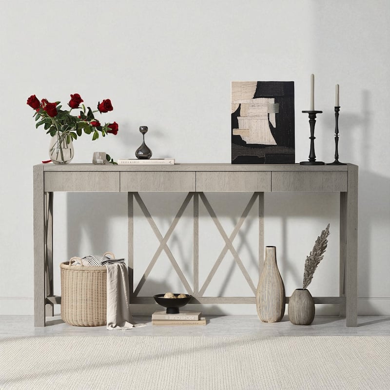 60'' Acacia Veneer Console Table with 4 Drawers and Open Shelf, Farmhouse Entryway Table with Cross Legs - Grey