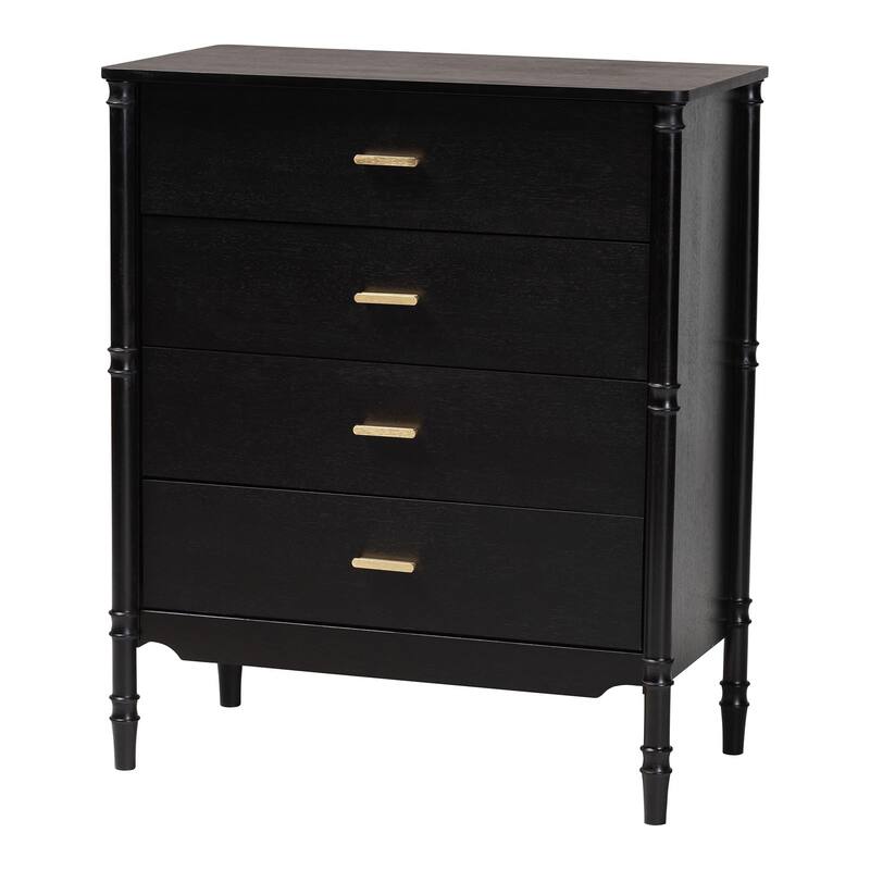 Marisela 4-Piece Black Bedroom Set - Canopy Bed with Synthetic Rattan Headboard, Matching Dresser, Chest, and Nightstand