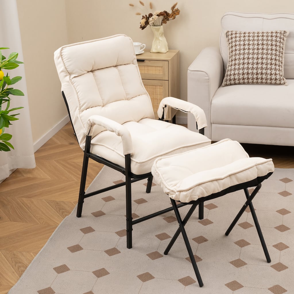 Gymax Modern Accent Chair w/ Ottoman Linen Fabric Arm Chair w/