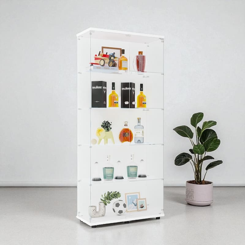 Glass Display Cabinet with Doors & Locks, Acrylic Shelves, Floor Standing Storage Showcase for Home or Office