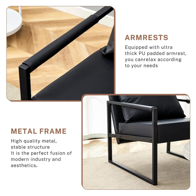 Set of 1 Classic Black PU Leather Metal Frame Sofa Ergonomic Modern Industrial Style