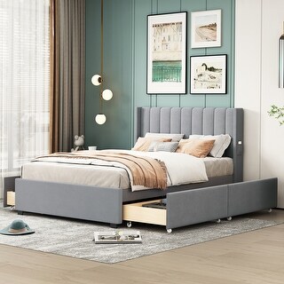 Full Size Velvet Upholstered Platform Bed with 4 Drawers and Headboard ...