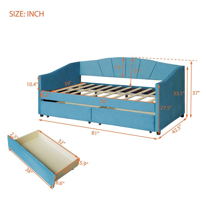 Twin Size Daybed Frame Rays Pattern Design Velvet Upholstered Daybed with 2 Drawers or Trundle, Wood Slat Support