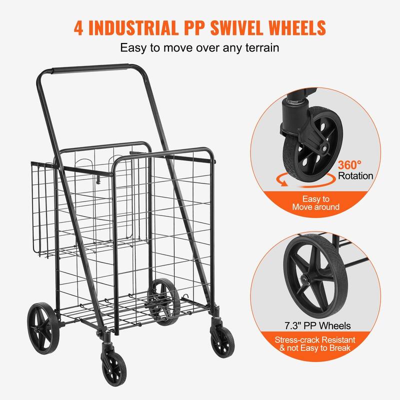 360 Swivel Wheels Folding Shopping Cart with Double Baskets