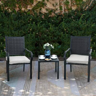 3-piece Patio Bistro Set, 2 Rattan Chairs with Cushions and 1 Metal Side Table
